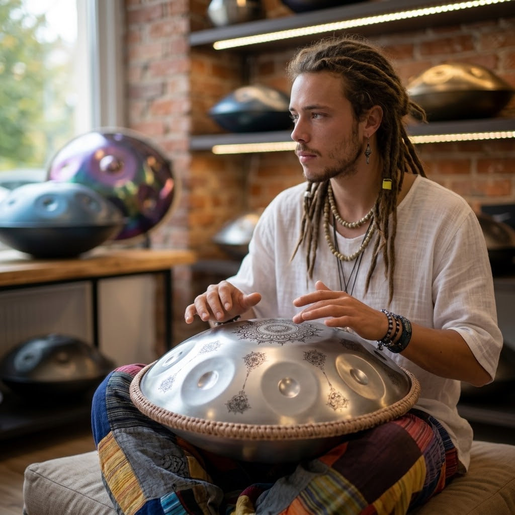 Handpan Celtic Minor Lumandala aux motifs mandala, joué par un musicien pensif entouré de handpans – Kovapan