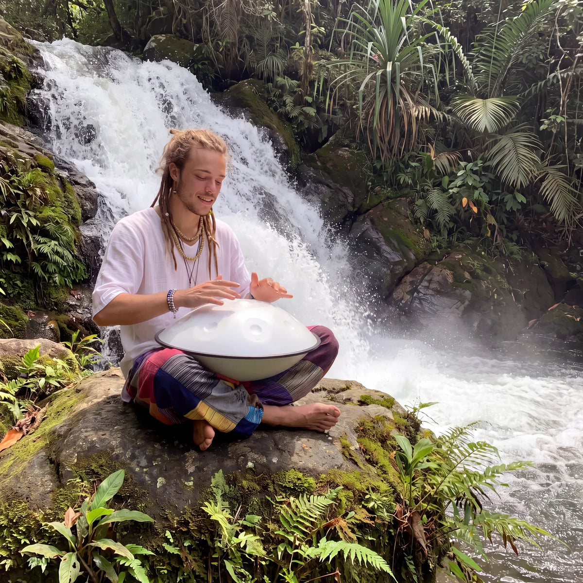 Handpan 10 notes D minor joué en pleine nature au bord d'une cascade tropicale – Kovapan