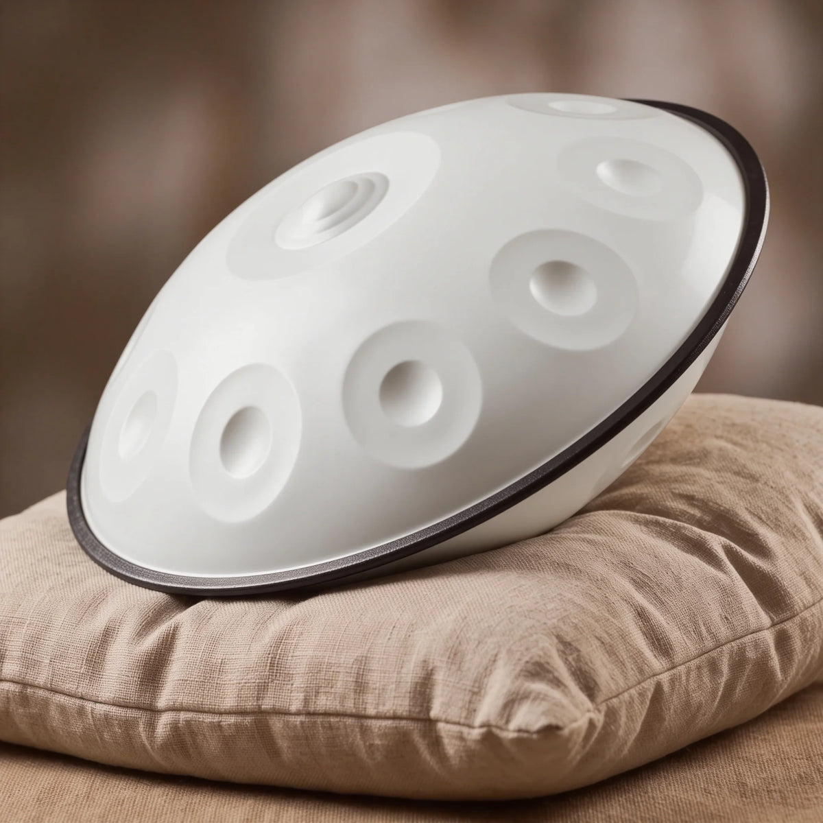Handpan 10 notes D minor Opale Kovapan blanc laqué – posé de profil sur coussin lin