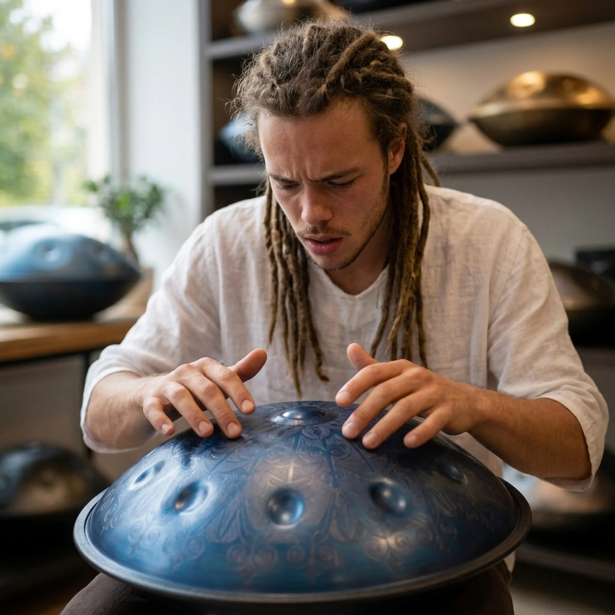 Handpan bleu Mandala Abyss Kovapan – musicien penché concentré sur les champs de notes en showroom