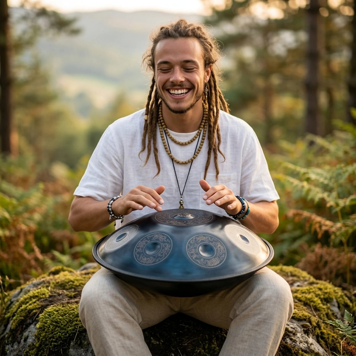 Handpan D Kurd 10 notes – musicien souriant jouant en forêt assis sur rocher moussu – Kovapan