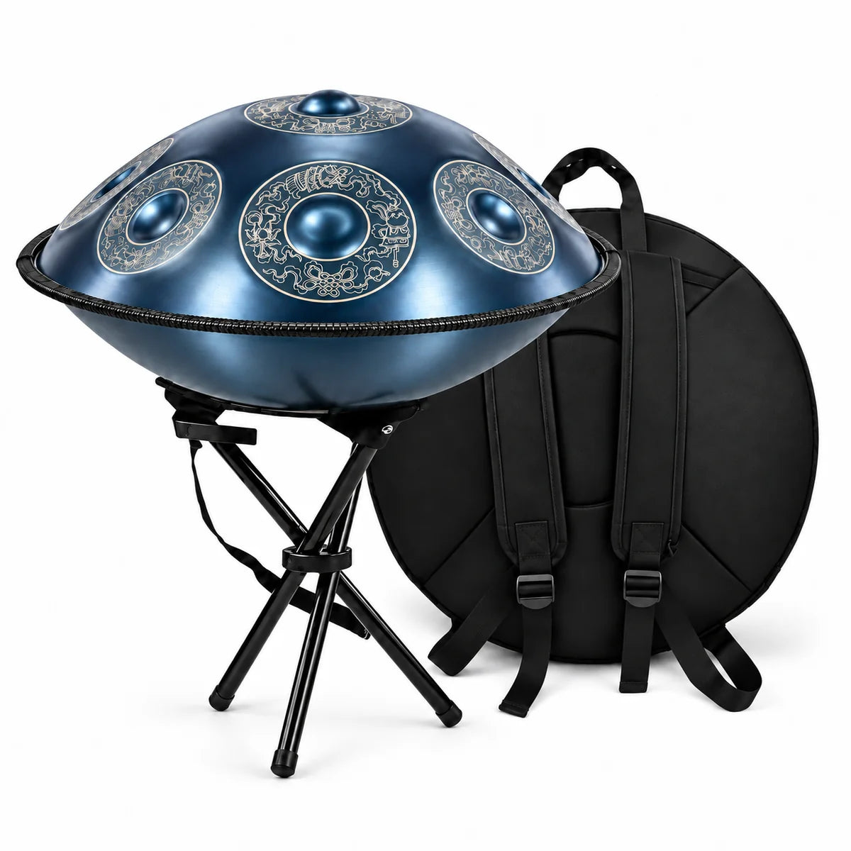 Handpan D Kurd 10 notes BRUME sur son trépied, avec sa housse de transport – Kovapan