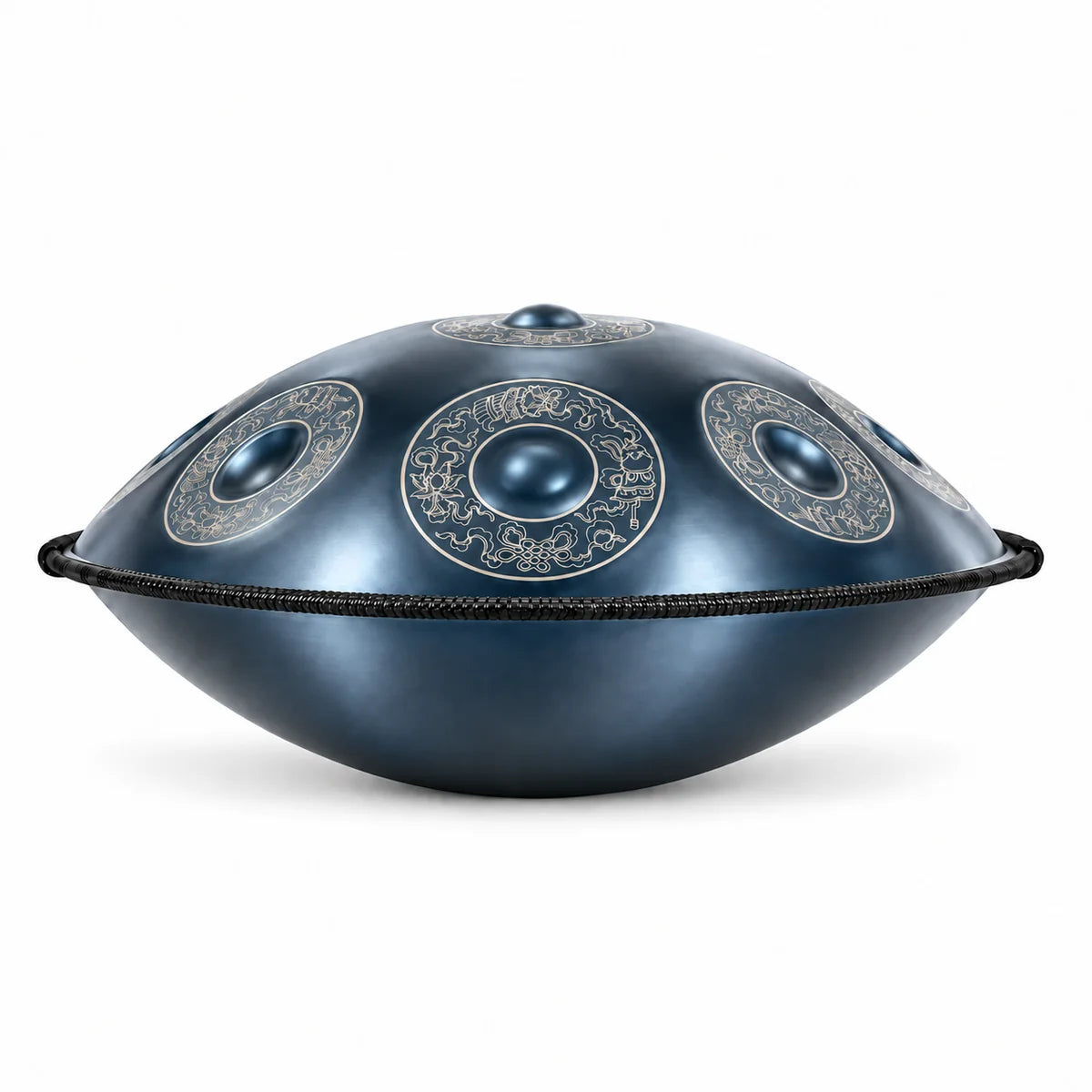 Handpan D Kurd 10 notes BRUME bleu nuit gravé, vue de profil – Kovapan