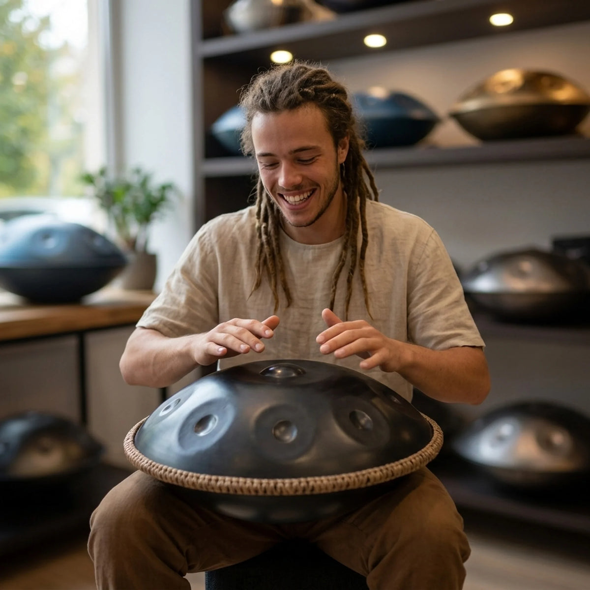 Handpan D Kurd 432 Hz noir Kovapan – musicien souriant jouant en showroom collection de handpans