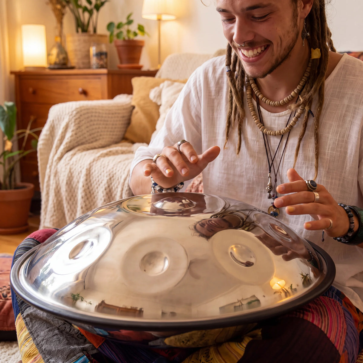 Handpan D Kurd 9 notes joué en intérieur – musicien souriant ambiance chaleureuse – Kovapan