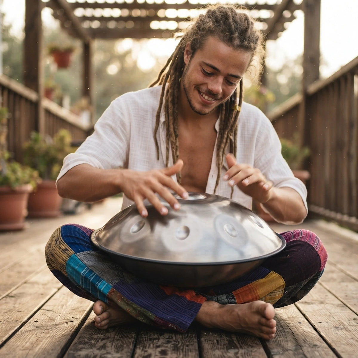 Musicien jouant du handpan STELLAR argenté en extérieur – Kovapan