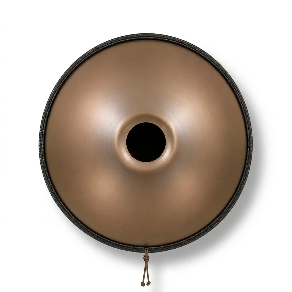 Dessous du handpan AURORA doré : ouverture centrale (Gu) et bordure noire – Kovapan