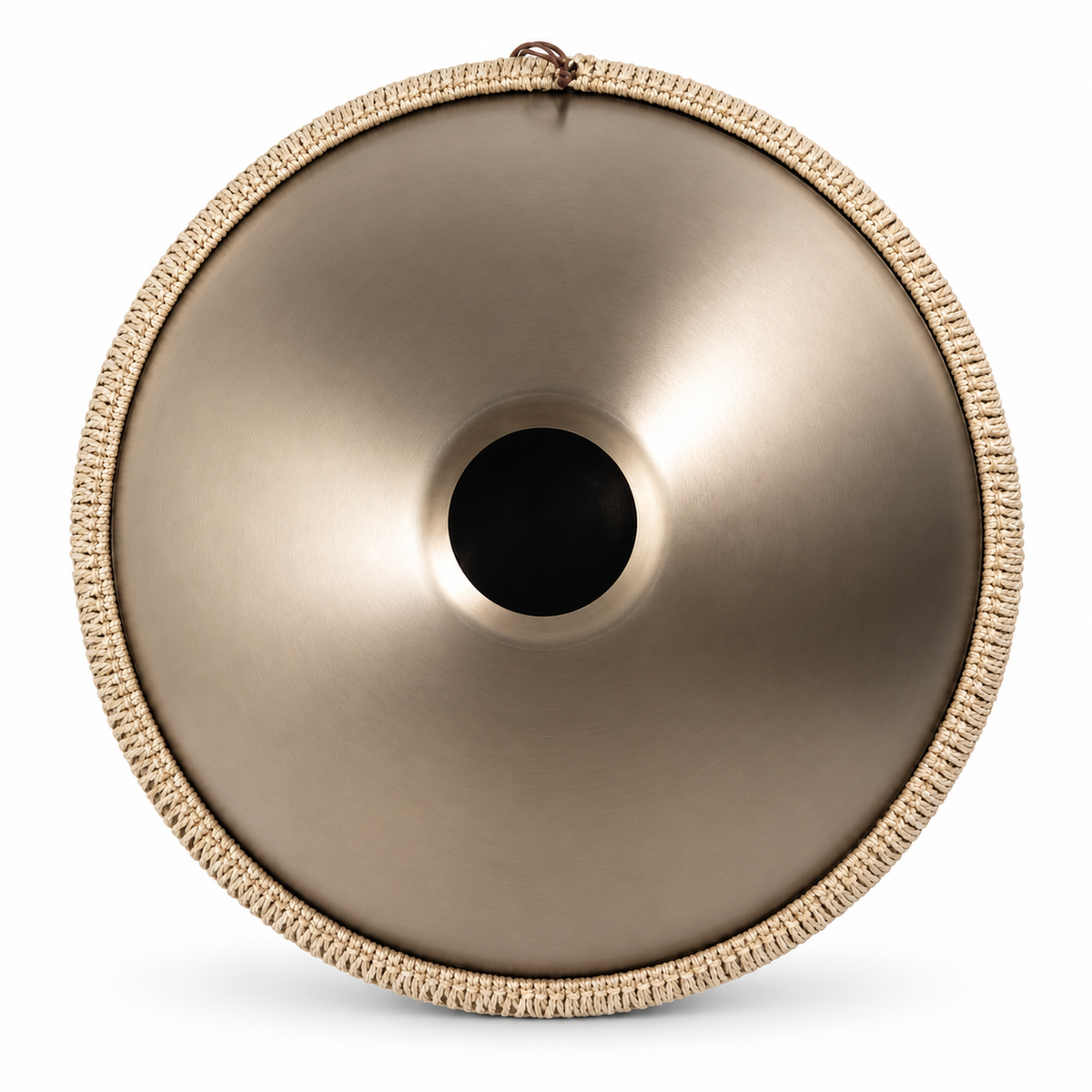 Dessous du handpan ARABESQUE en Ré mineur Kurd, ouverture centrale (Gu) et bord tressé – Kovapan
