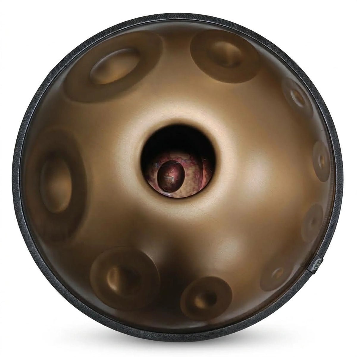 Handpan F Low Pygmy Kovapan bronze – face inférieure ouverture (Gu) fond blanc