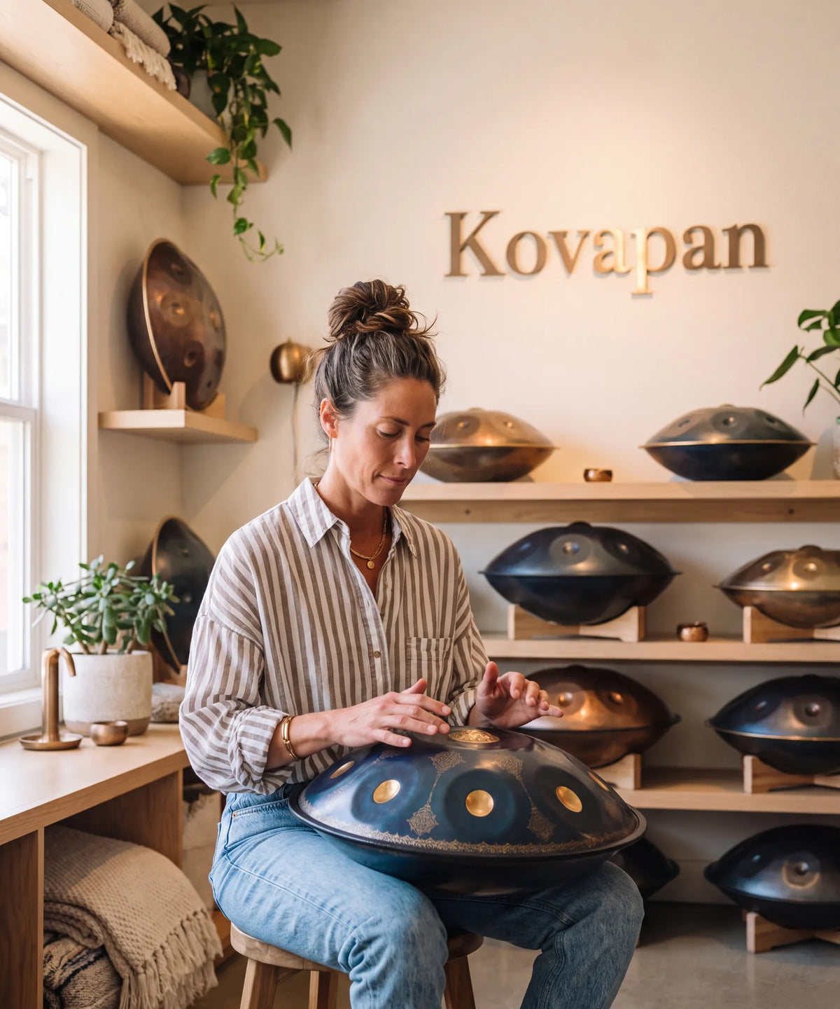 Femme jouant du handpan dans la boutique Kovapan, entourée de handpans exposés sur des étagères en bois