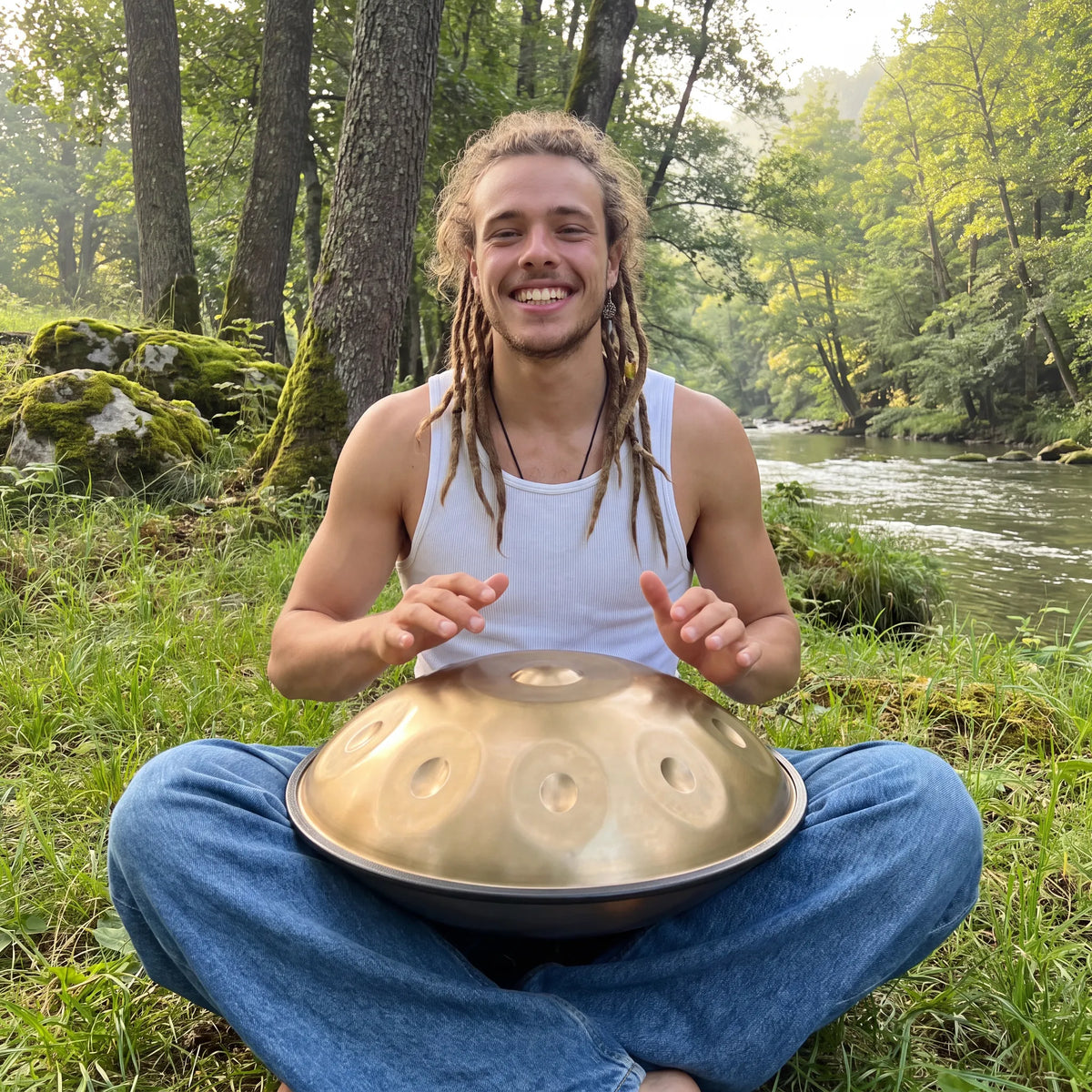 Musicien jouant du handpan SAFRAN doré, assis au bord d'une rivière – Kovapan