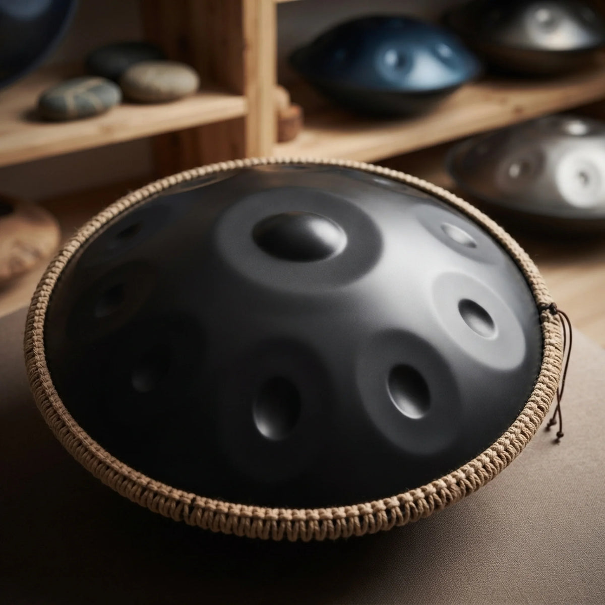 Handpan G minor noir mat – posé en showroom avec plusieurs instruments en arrière-plan – Kovapan