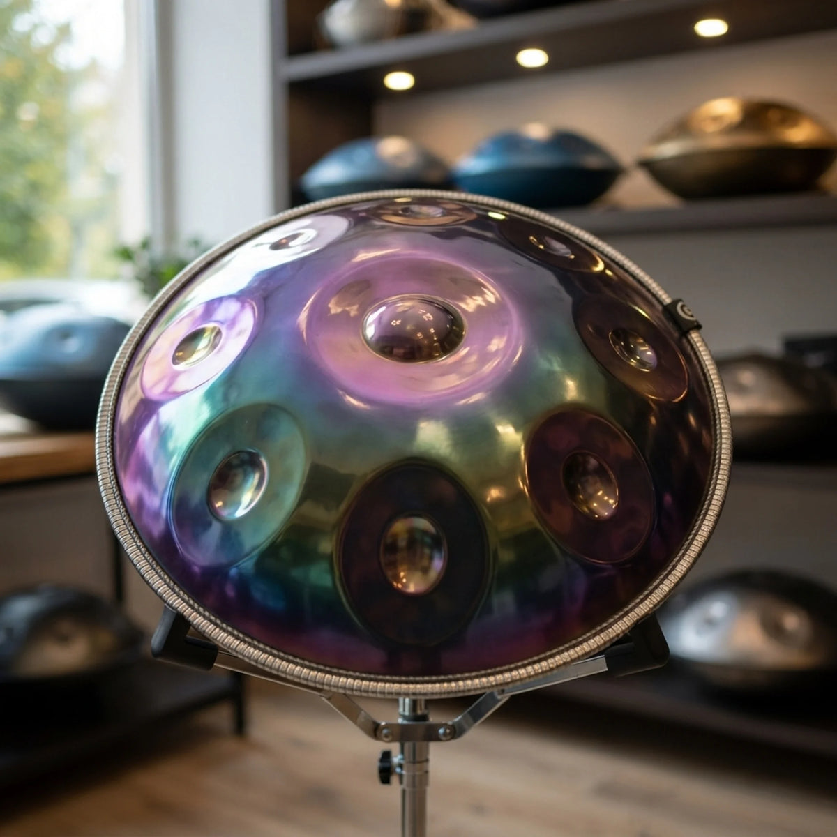 Handpan harmonie iridescent Kovapan sur trépied – showroom avec plusieurs instruments en arrière-plan