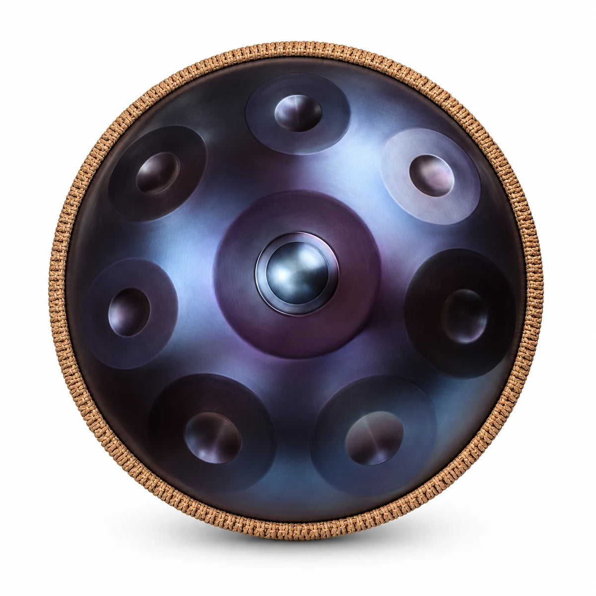 Handpan LUNA D Kurd violet et bleu – vue de dessus, bord tressé – Kovapan