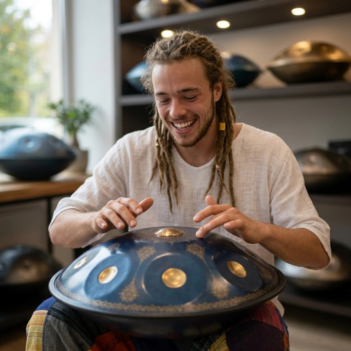 Handpan Mandala Kovapan bleu doré – musicien souriant jouant en showroom collection de handpans