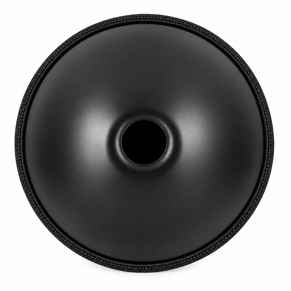 Dessous du handpan OBSIDIENNE en Ré mineur Kurd : coque noire mate et ouverture centrale (Gu) – Kovapan