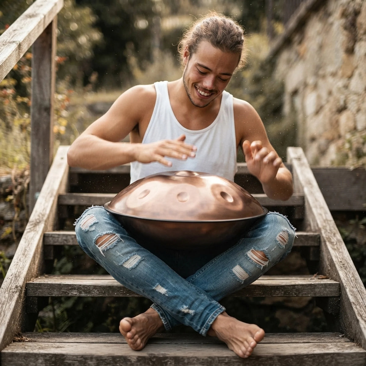Handpan percussion bronze – musicien souriant jouant assis sur escalier en bois – Kovapan