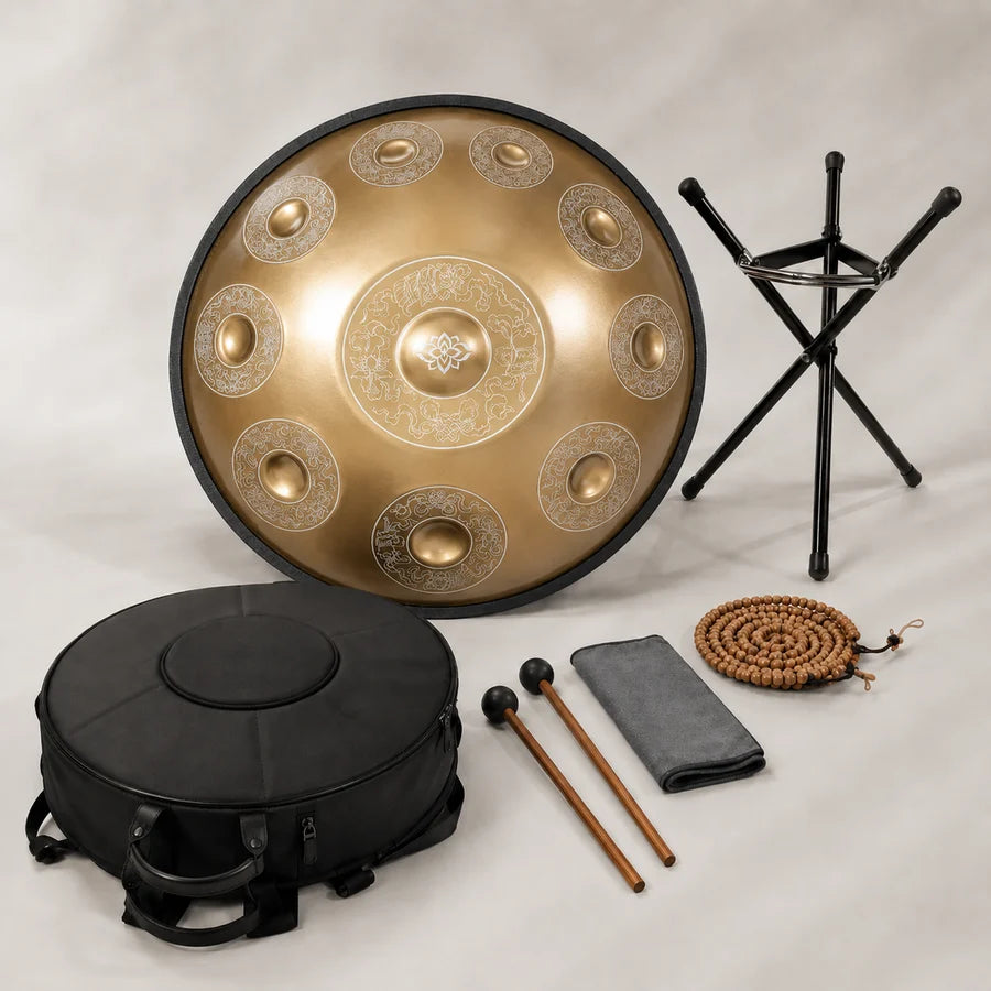 Handpan professionnel VERMEIL doré avec ses accessoires : housse, trépied, mailloches et chiffon – Kovapan