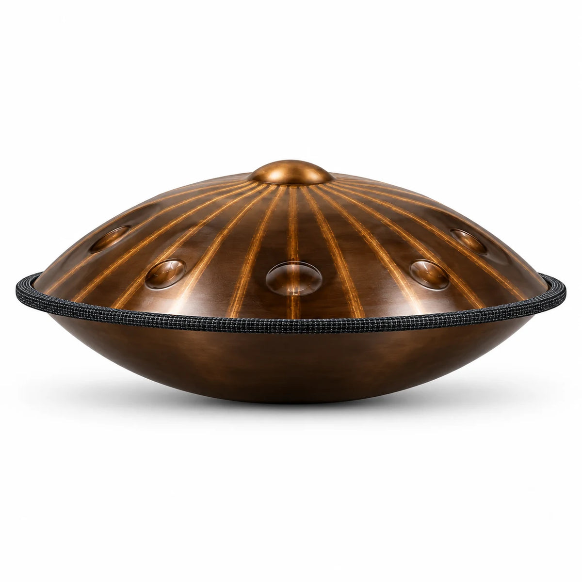 Handpan SAVANE finition bronze cuivré, vue de profil avec bordure de protection noire – Kovapan