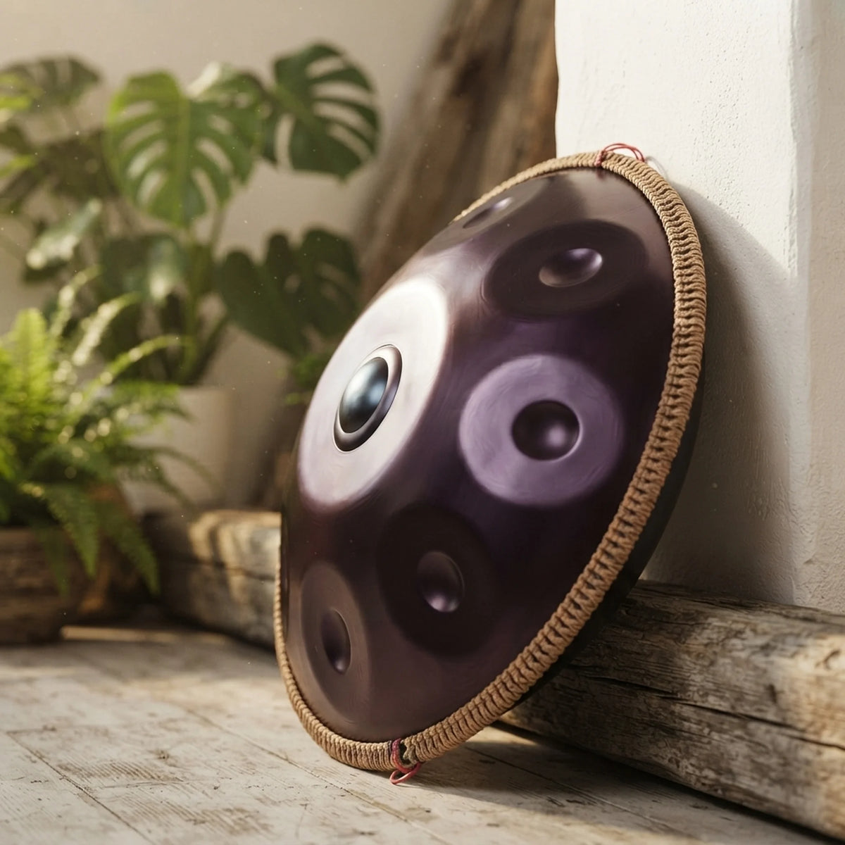 Handpan 12 notes D Kurd violet appuyé contre un mur ambiance bohème plantes vertes – Kovapan