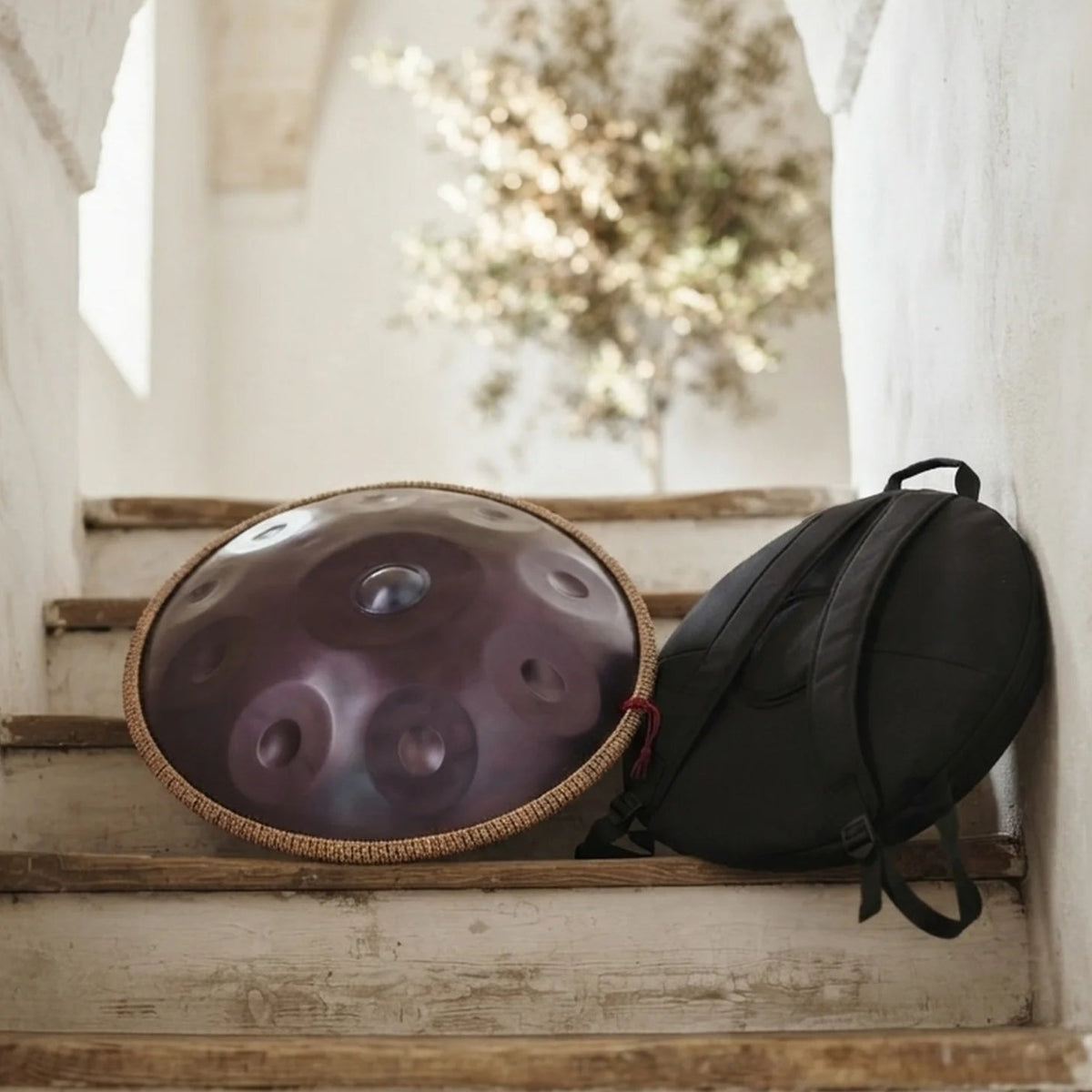 Handpan 12 notes D Kurd violet avec sac de transport – posé dans escalier en pierre – Kovapan