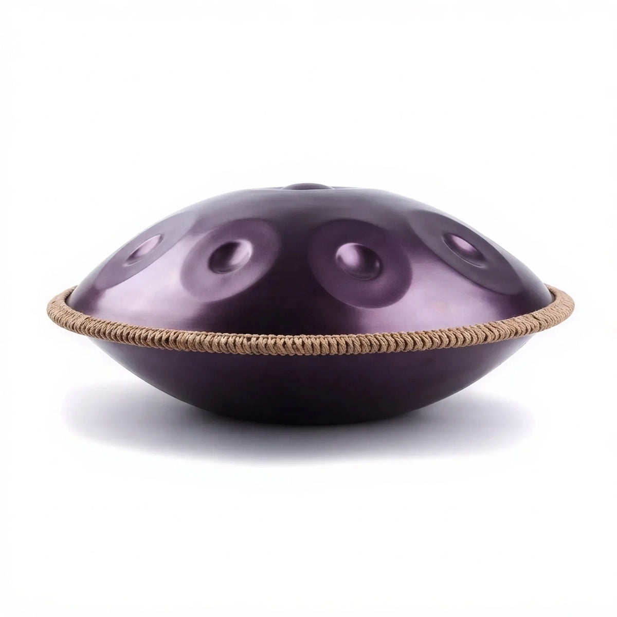 Handpan violet foncé bord tressé naturel – vue de profil fond blanc – Kovapan
