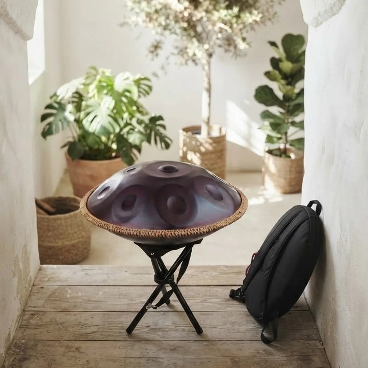 Handpan 12 notes D Kurd violet sur pied de concert – intérieur lumineux plantes vertes – Kovapan
