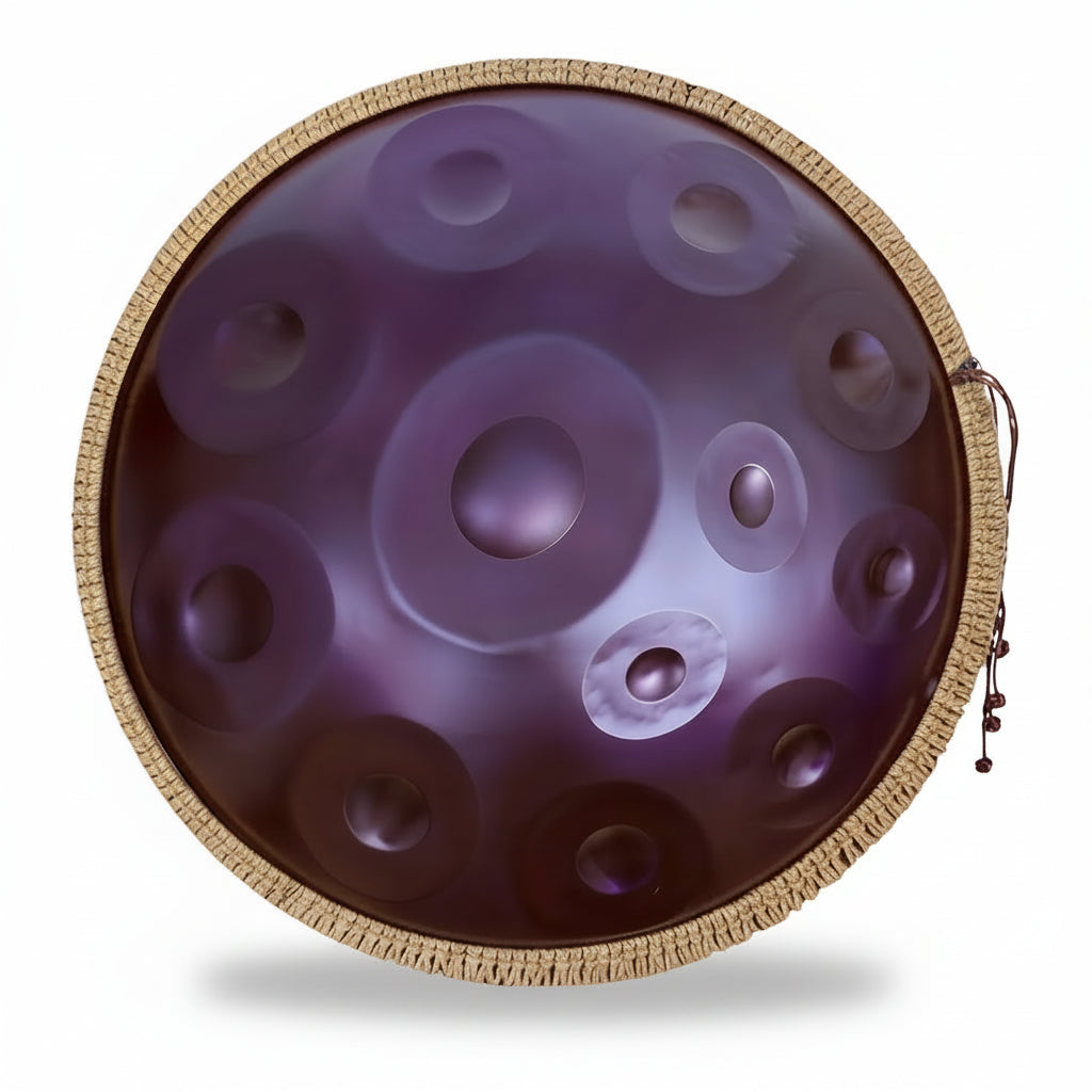 Handpan 12 notes D Kurd violet – vue de dessus champs de notes bord tressé – Kovapan