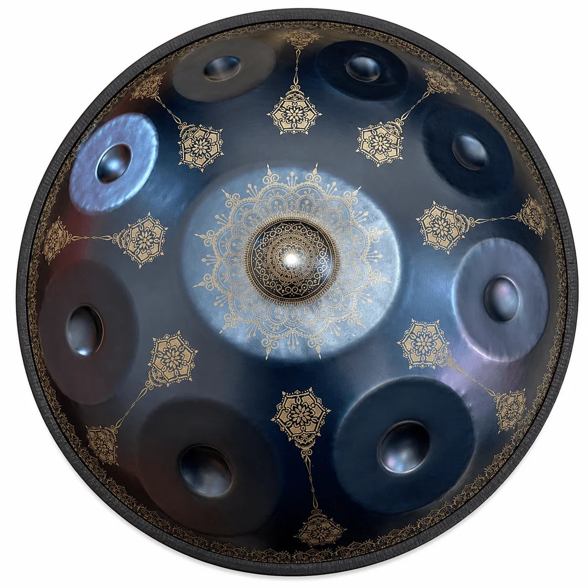 Handpan ZÉNITH Do majeur bleu nuit Kovapan, vue de dessus, motifs mandala dorés