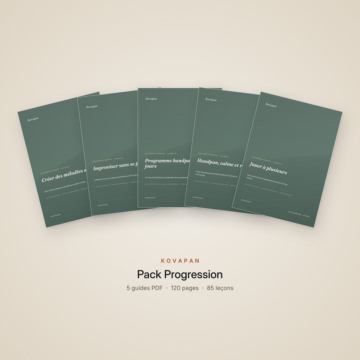 Pack Progression Kovapan : les 5 guides PDF handpan (volumes 04 à 08), vraies couvertures