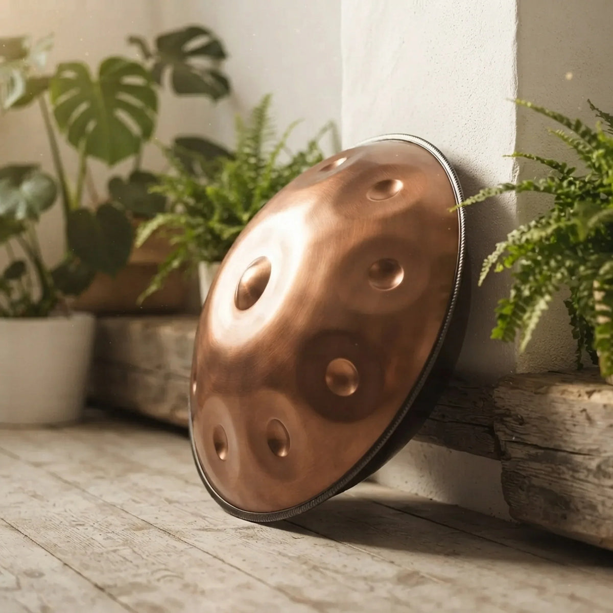 Handpan en acier finition cuivre posé contre un mur, entouré de plantes vertes