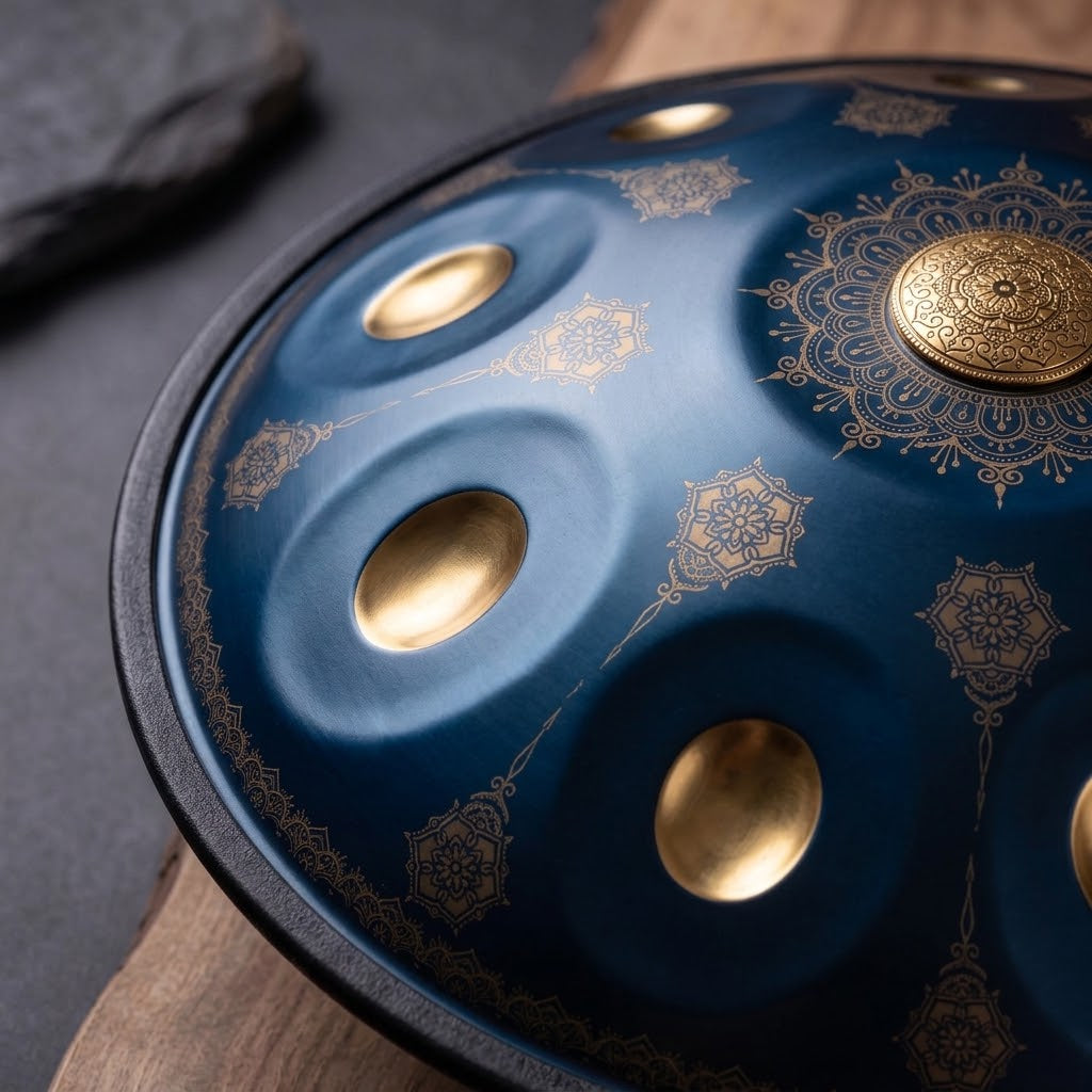 Handpan Mandala Kovapan bleu – gros plan des champs de notes et motifs floraux dorés, sur bois