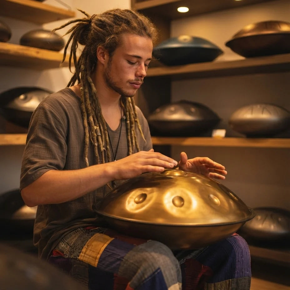 Musicien jouant du D Hijaz handpan KHAMSIN en Ré Hijaz, finition or, dans un showroom de handpans – Kovapan