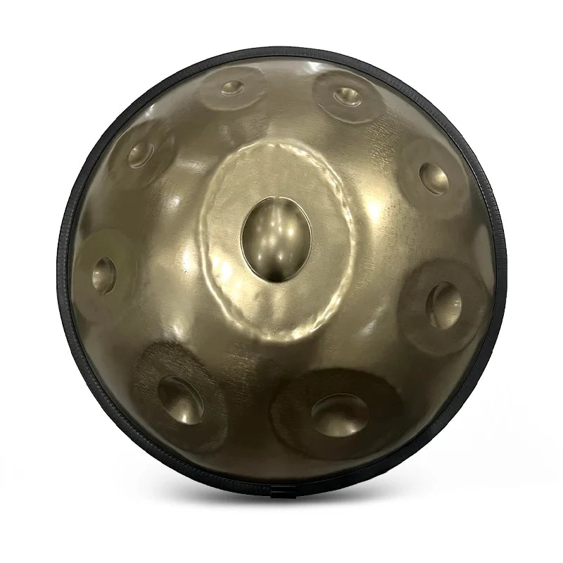 D Hijaz handpan KHAMSIN en Ré Hijaz, finition or, vu de dessus avec le Ding central et ses champs de notes – Kovapan