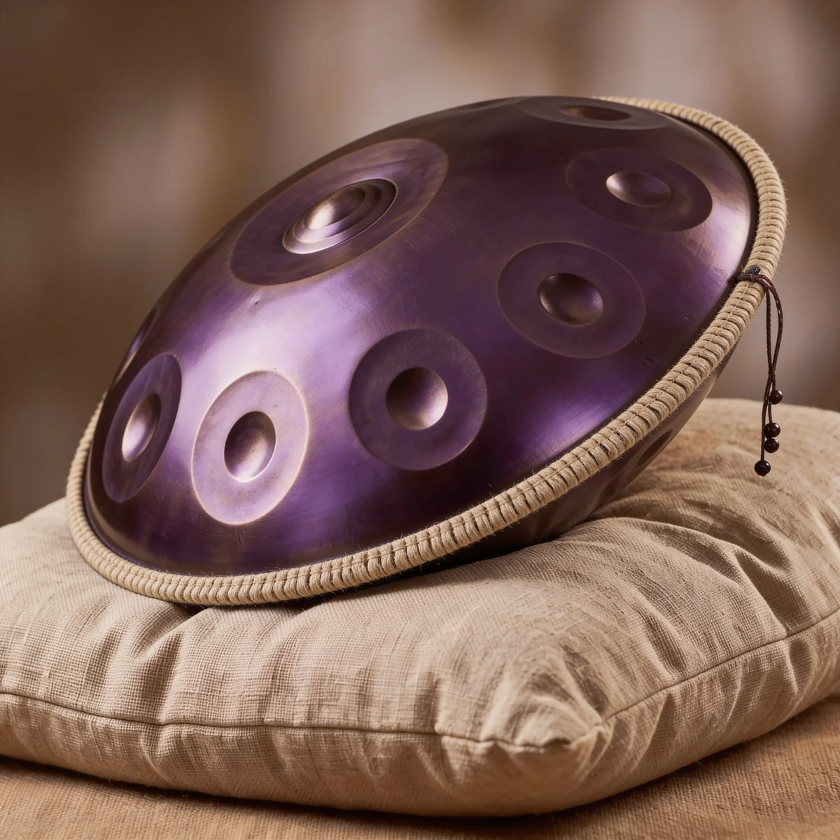 Handpan 12 notes D Kurd Kovapan violet – posé de profil sur coussin lin bord tressé
