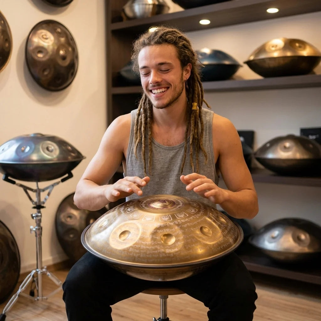 Musicien souriant jouant du handpan TALISMAN doré dans un atelier entouré d'autres handpans – Kovapan