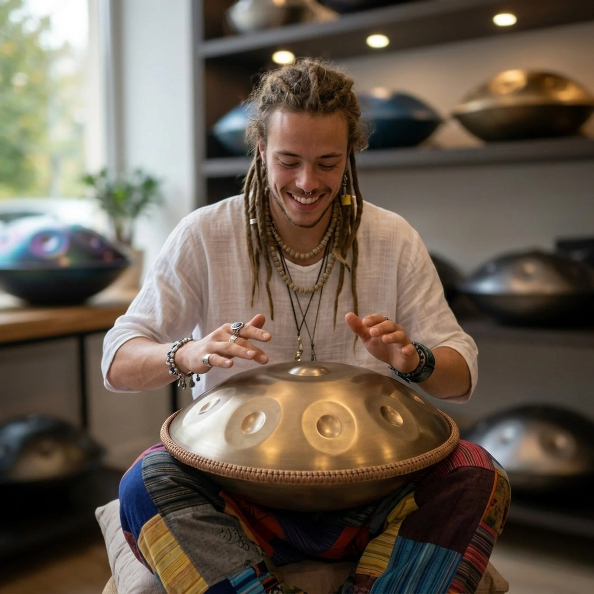 Handpan 17 notes doré Kovapan – musicien souriant jouant en showroom avec collection de handpans en arrière-plan
