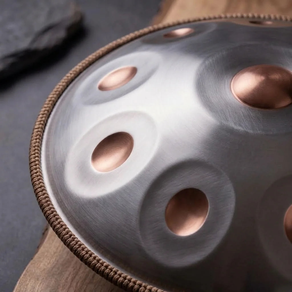 Gros plan sur un handpan en acier inoxydable avec alvéoles cuivrées et cerclage tressé - Kovapan