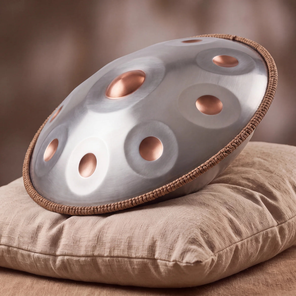 Handpan acier inoxydable Source Kovapan – champs de notes cuivrées posé de profil sur coussin lin