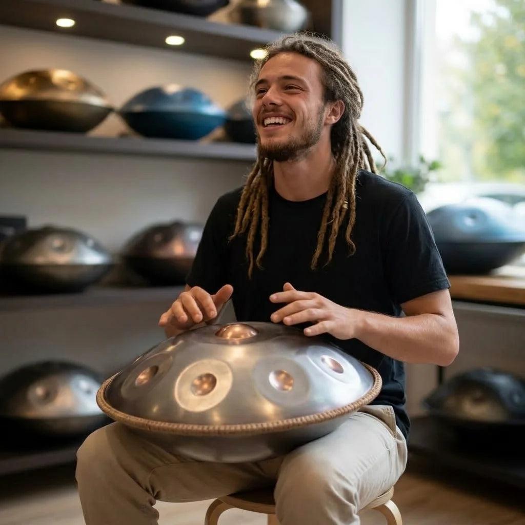 Homme souriant jouant d'un handpan en acier inoxydable, atelier Kovapan avec vue sur d'autres handpans