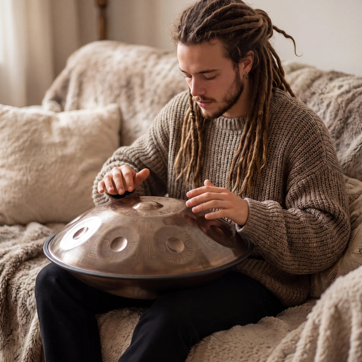Musicien jouant du handpan NETERO bronze – Kovapan