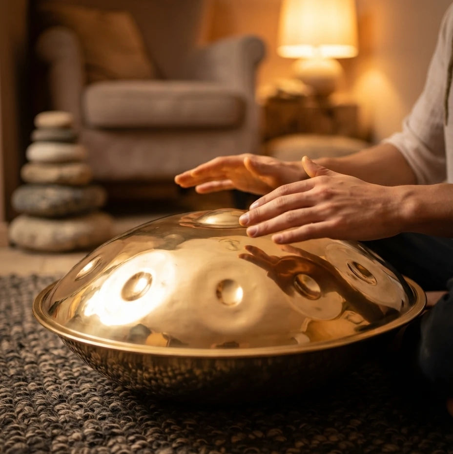 Mains jouant du handpan instrument de musique SOLAS doré poli, ambiance chaleureuse – Kovapan