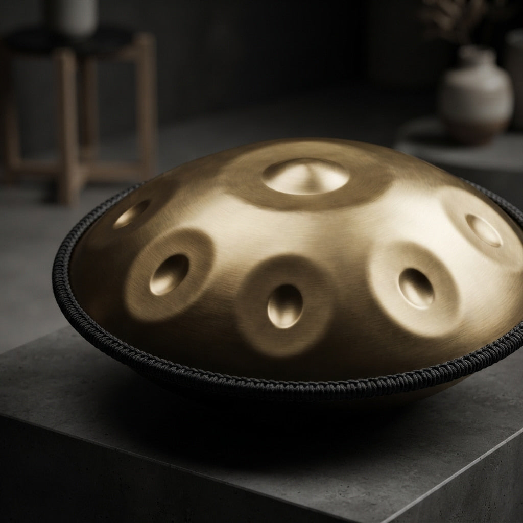 Handpan AURORA doré posé sur un bloc de béton, ambiance sombre – Kovapan