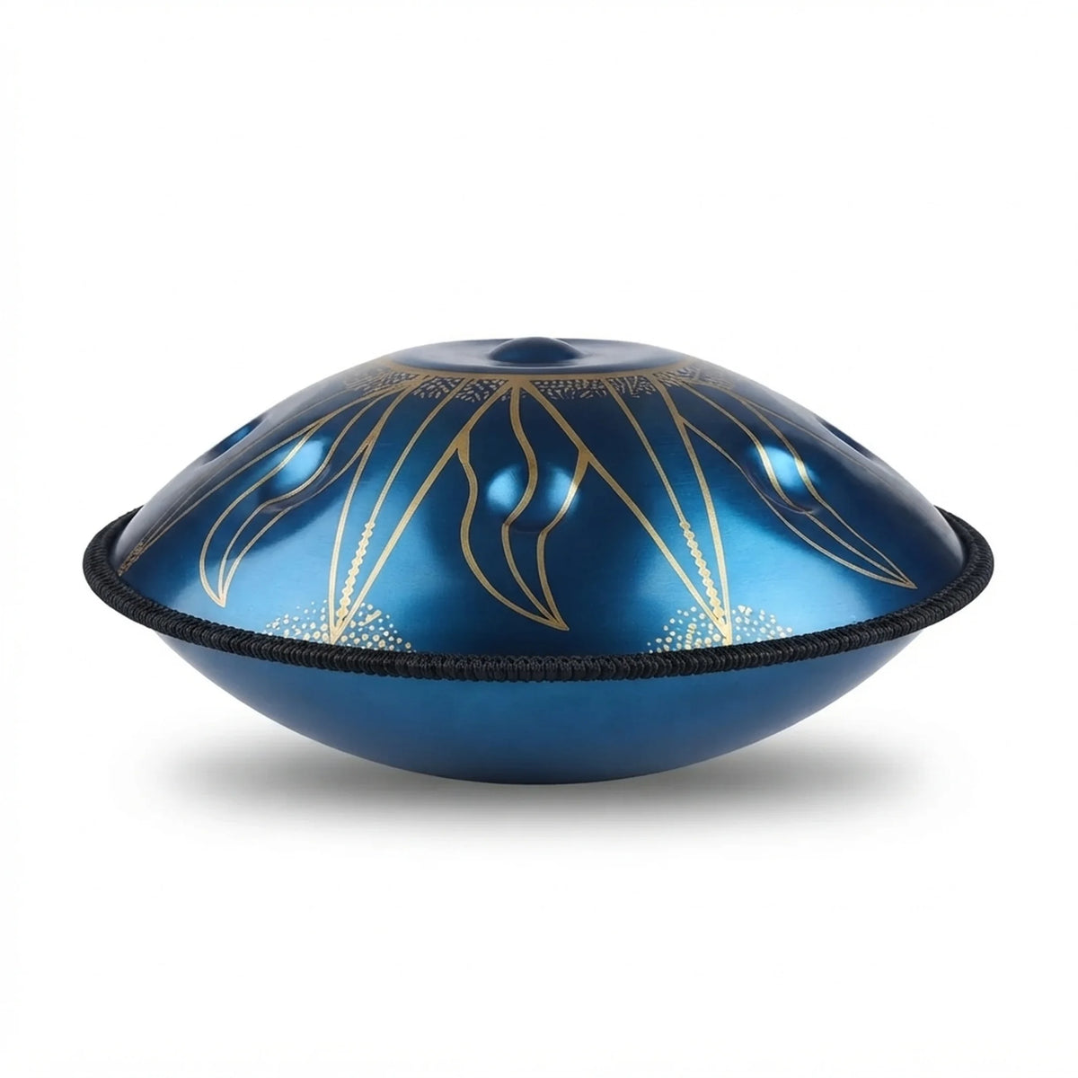 Handpan D Kurd Eclipse Kovapan bleu – gravures dorées motif soleil vue de profil
