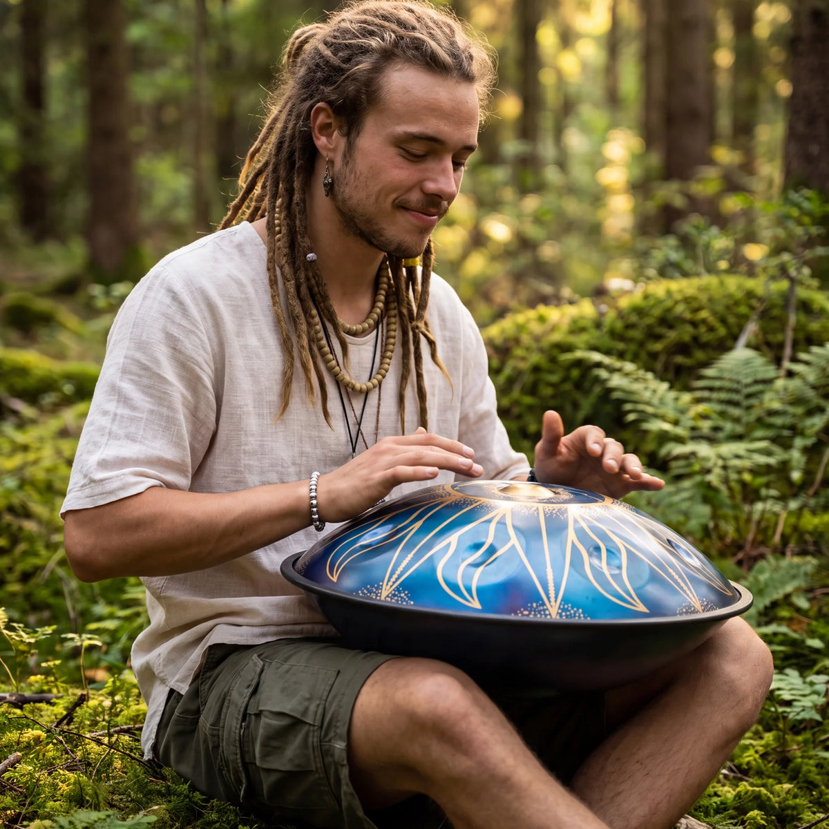 Handpan D Kurd bleu au motif d'un soleil joué par un musicien en forêt – Kovapan