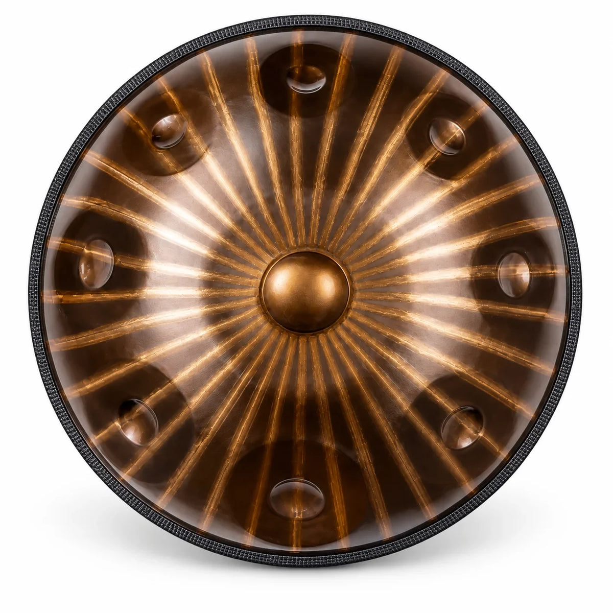 Handpan D minor 9 notes SAVANE bronze vu de dessus : Ding central et 8 champs de notes traversés de rayons gravés – Kovapan