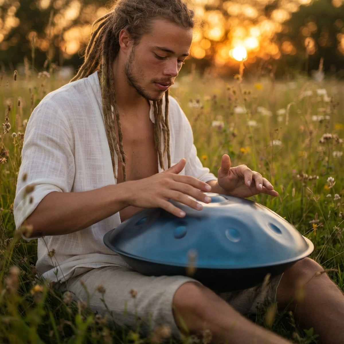 Handpan Equinox bleu – musicien jouant dans une prairie au coucher de soleil – Kovapan