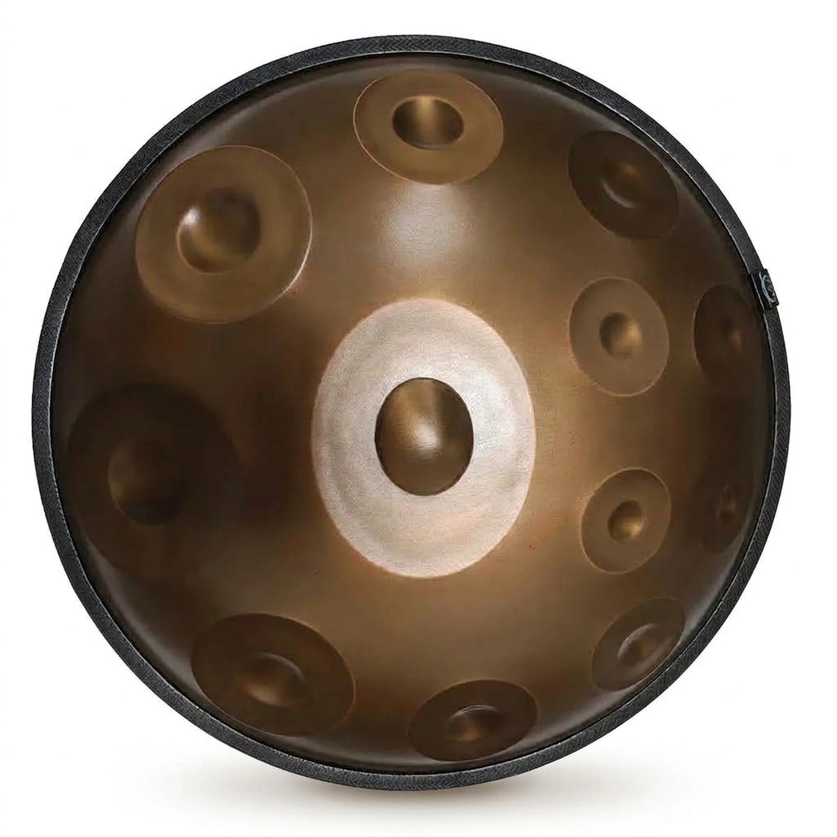 Handpan F Low Pygmy Kovapan bronze – vue de dessus champs de notes fond blanc