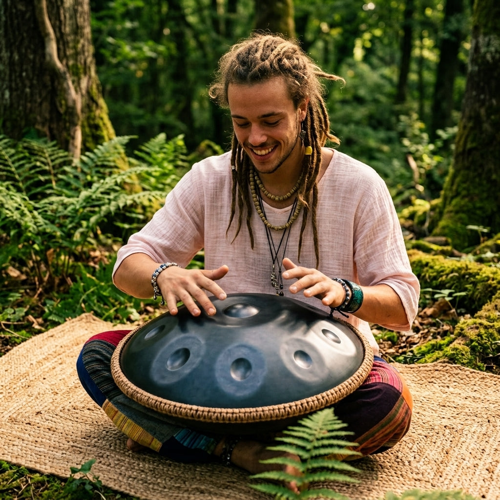 Handpan noir joué par un musicien dans la nature – Kovapan