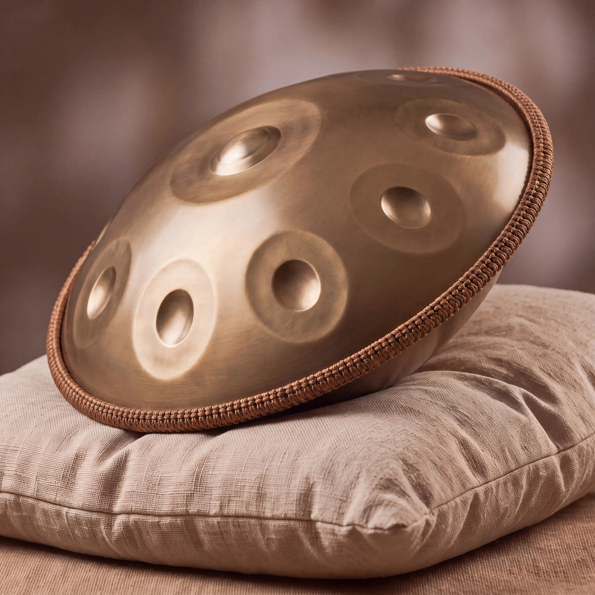 Handpan SAFRAN doré brossé en Sol mineur, posé de profil sur un coussin en lin – Kovapan
